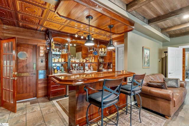 24 Lighthouse Way Dr, Salem, SC 29676 - indoor wet bar featuring a wood ceiling with exposed beams, wooden walls, and pendant lighting