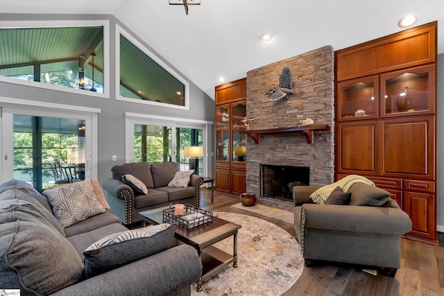24 Lighthouse Way Dr, Salem, SC 29676 - living room featuring hardwood / wood-style floors, high vaulted ceiling, and a stone fireplace