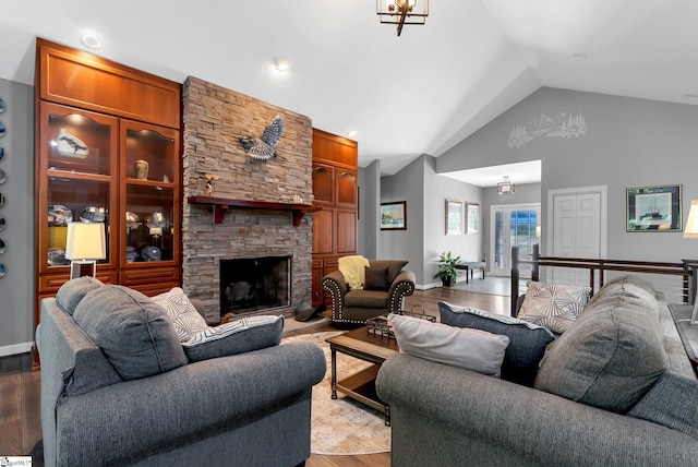 24 Lighthouse Way Dr, Salem, SC 29676 - living room with light wood-style flooring, a stone fireplace, high vaulted ceiling, and recessed lighting