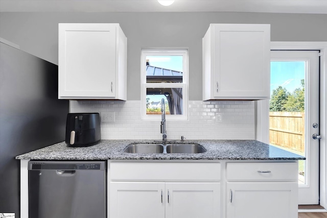 209 Long Grove Ln, Greer, SC 29650 - kitchen featuring dishwasher, white cabinets, tasteful backsplash, and light stone counters