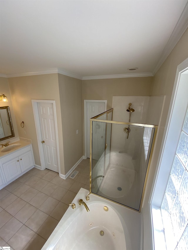 523 Meadowsweet Ln, Greenville, SC 29615 - bathroom featuring vanity, a tub with jets, tile patterned flooring, an enclosed shower, and ornamental molding