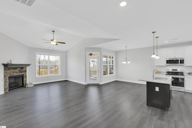 285 Foxbank Cir, Greer, SC 29651 - kitchen with stainless steel appliances, open floor plan, a ceiling fan, a stone fireplace, and vaulted ceiling