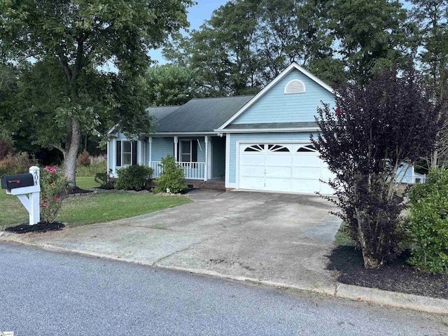 404 Frostbery Ct, Fountain Inn, SC 29644 - ranch-style home featuring covered porch, an attached garage, concrete driveway, a front lawn, and a shingled roof