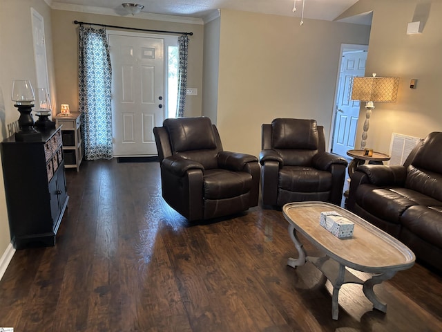 404 Frostbery Ct, Fountain Inn, SC 29644 - living area with dark wood-style flooring and crown molding