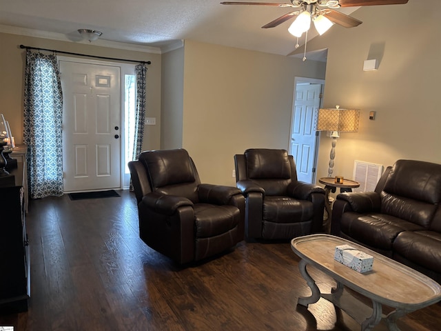 404 Frostbery Ct, Fountain Inn, SC 29644 - living area with ceiling fan, dark wood finished floors, and crown molding
