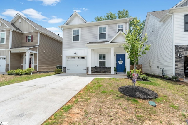131 Highland Park Ct, Easley, SC 29642 - craftsman house featuring board and batten siding, a porch, a garage, and concrete driveway