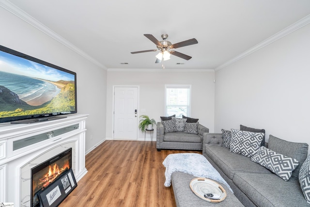 131 Highland Park Ct, Easley, SC 29642 - living room with crown molding, light wood-type flooring, ceiling fan, and a glass covered fireplace