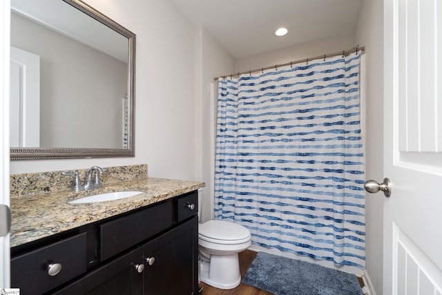 131 Highland Park Ct, Easley, SC 29642 - bathroom featuring vanity, wood finished floors, curtained shower, and recessed lighting