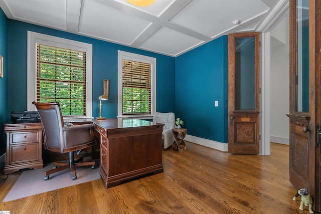 337 Knox Campground Rd, Seneca, SC 29672 - office area with wood finished floors, coffered ceiling, and beamed ceiling