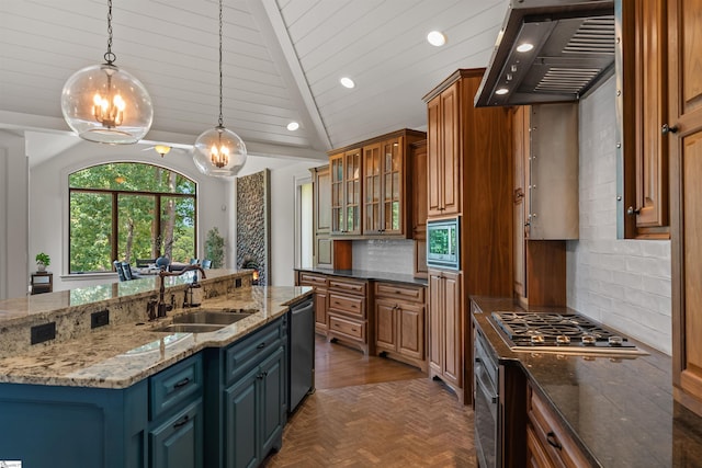 337 Knox Campground Rd, Seneca, SC 29672 - kitchen with range hood, stainless steel appliances, vaulted ceiling, recessed lighting, and backsplash