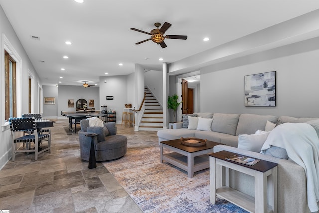 337 Knox Campground Rd, Seneca, SC 29672 - living room with a ceiling fan, recessed lighting, stairs, and stone finish floors
