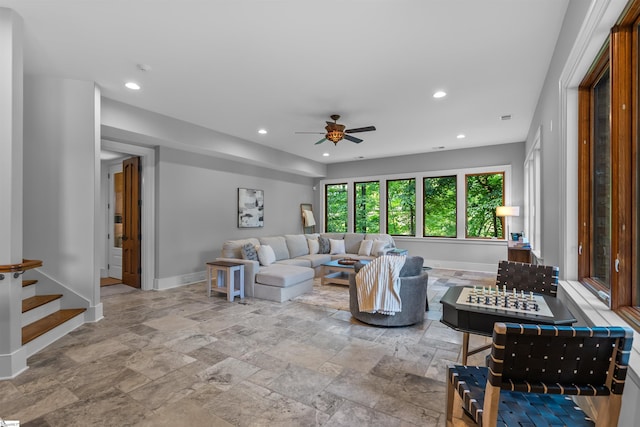 337 Knox Campground Rd, Seneca, SC 29672 - living area with a ceiling fan, stone tile flooring, recessed lighting, and stairway