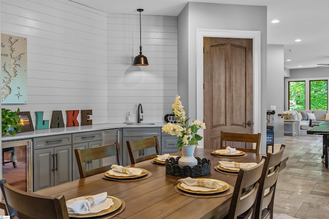 337 Knox Campground Rd, Seneca, SC 29672 - dining space featuring beverage cooler, stone finish flooring, and recessed lighting