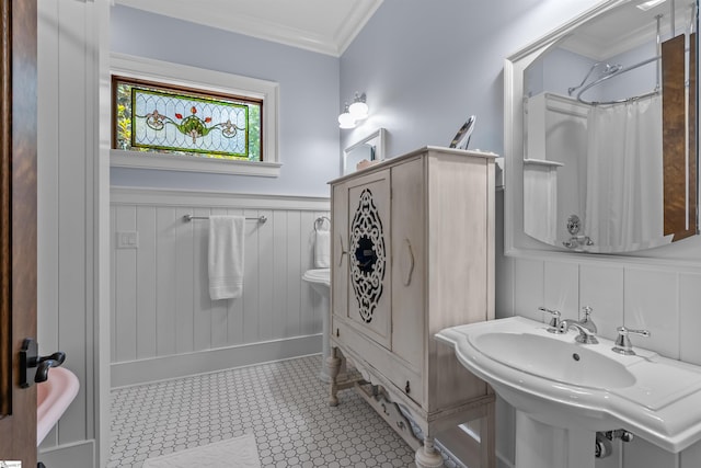 337 Knox Campground Rd, Seneca, SC 29672 - full bath with ornamental molding, a shower with curtain, tile patterned floors, and a wainscoted wall