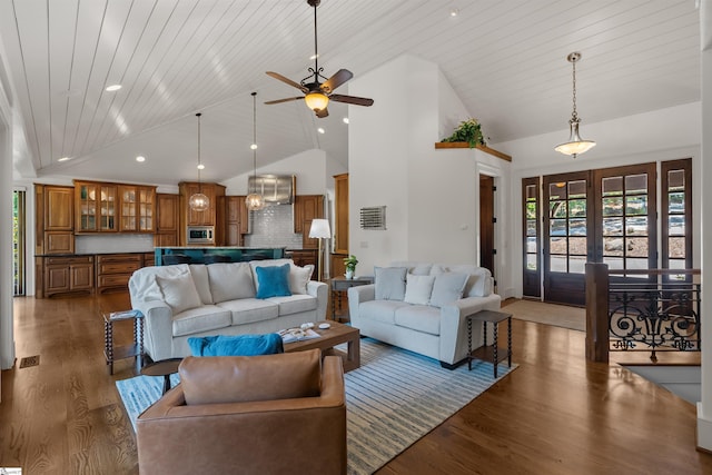 337 Knox Campground Rd, Seneca, SC 29672 - living room featuring wood finished floors, ceiling fan, high vaulted ceiling, and french doors