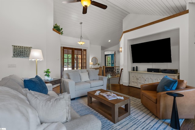 337 Knox Campground Rd, Seneca, SC 29672 - living room featuring vaulted ceiling, wood finished floors, ceiling fan, and wood ceiling