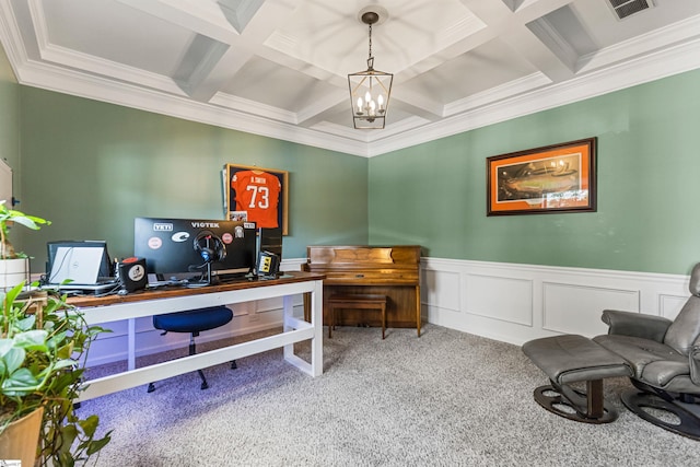 505 Jones Peak Dr, Simpsonville, SC 29681 - carpeted home office with coffered ceiling, beamed ceiling, ornamental molding, and a chandelier