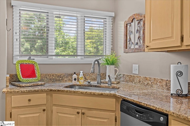 701 Loran Pointe Pointe, Seneca, SC 29672 - kitchen featuring stainless steel dishwasher, plenty of natural light, light brown cabinetry, and light stone counters