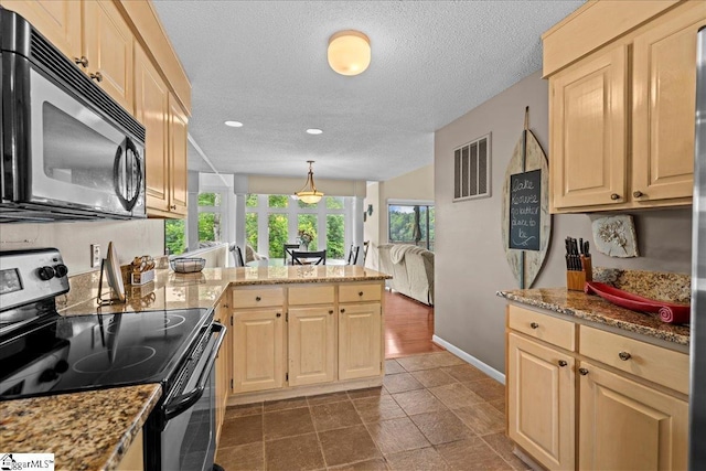 701 Loran Pointe Pointe, Seneca, SC 29672 - kitchen with electric range oven, black microwave, a peninsula, a textured ceiling, and light brown cabinets