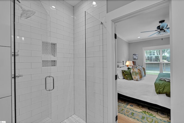 209 Pinckney St, Greenville, SC 29601 - full bathroom featuring connected bathroom, crown molding, a stall shower, a ceiling fan, and recessed lighting