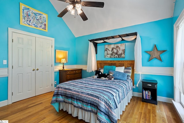 229 Armstrong Rd, Honea Path, SC 29654 - bedroom with a closet, lofted ceiling, wood finished floors, and ceiling fan