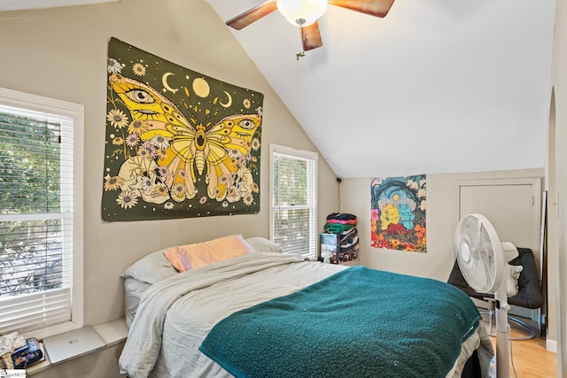 229 Armstrong Rd, Honea Path, SC 29654 - bedroom with vaulted ceiling, wood finished floors, and a ceiling fan