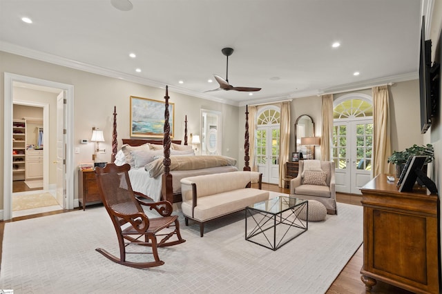 540 Crescent Ave, Greenville, SC 29601 - bedroom with recessed lighting, crown molding, light wood finished floors, and french doors