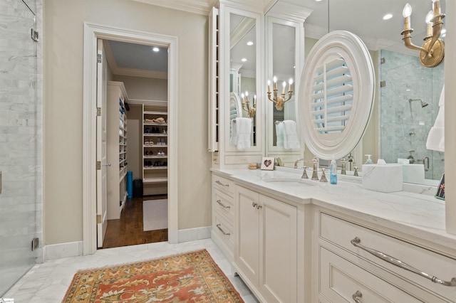 540 Crescent Ave, Greenville, SC 29601 - full bathroom featuring ornamental molding, a stall shower, vanity, a walk in closet, and marble look tiles