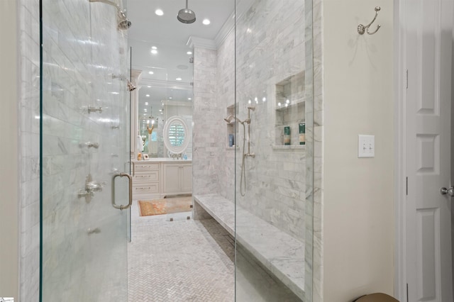 540 Crescent Ave, Greenville, SC 29601 - full bath with a stall shower, vanity, recessed lighting, and tile patterned flooring