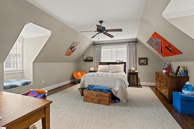 540 Crescent Ave, Greenville, SC 29601 - bedroom featuring dark wood-style floors, lofted ceiling, and ceiling fan