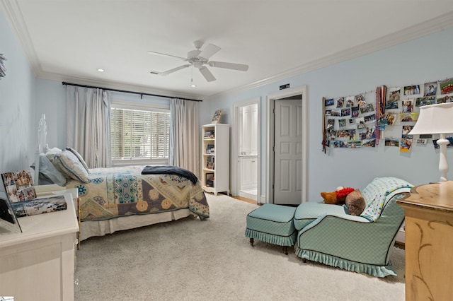 540 Crescent Ave, Greenville, SC 29601 - carpeted bedroom featuring ornamental molding, a ceiling fan, recessed lighting, and ensuite bathroom