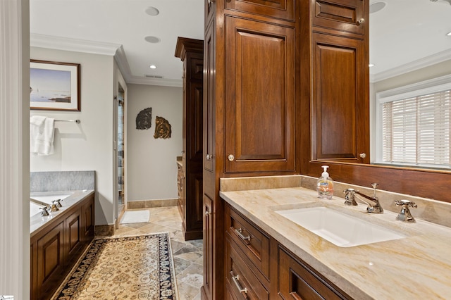 540 Crescent Ave, Greenville, SC 29601 - full bathroom with crown molding, vanity, a garden tub, and recessed lighting