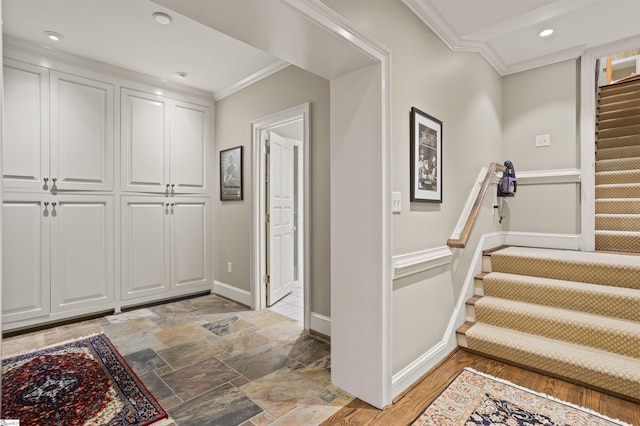540 Crescent Ave, Greenville, SC 29601 - foyer with ornamental molding, stairway, and recessed lighting
