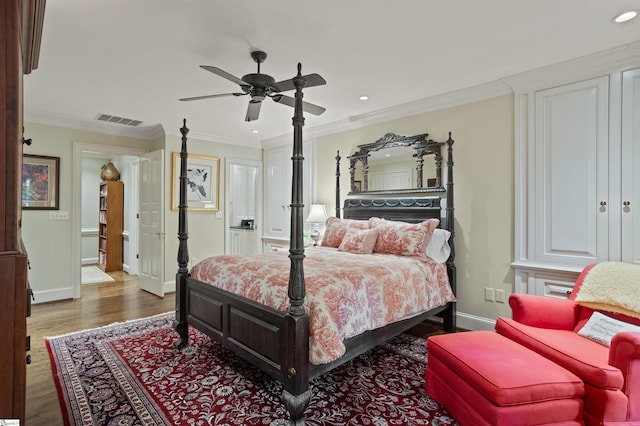 540 Crescent Ave, Greenville, SC 29601 - bedroom with wood finished floors, recessed lighting, ornamental molding, and a ceiling fan