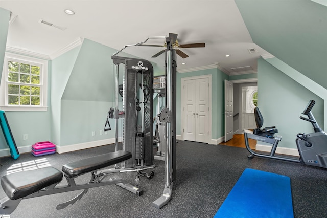 540 Crescent Ave, Greenville, SC 29601 - exercise area with ceiling fan, ornamental molding, and recessed lighting