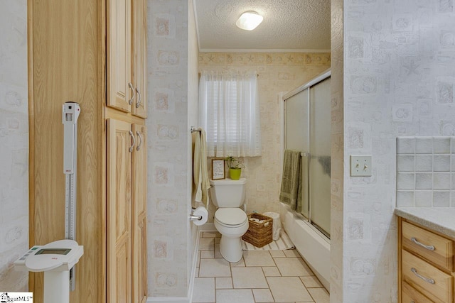 103 Birchwood St, Easley, SC 29642 - bathroom with a textured ceiling, enclosed tub / shower combo, vanity, and crown molding