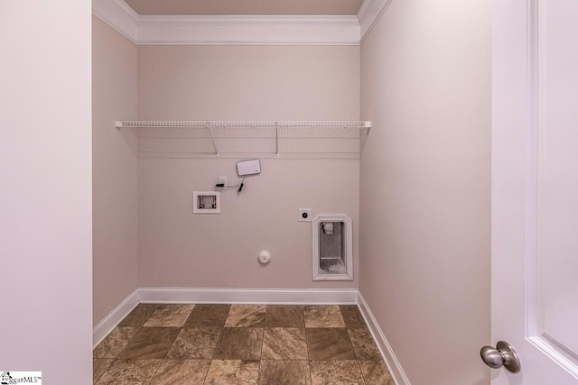 203 Redmont Ct, Simpsonville, SC 29680 - laundry room featuring hookup for an electric dryer, washer hookup, hookup for a gas dryer, ornamental molding, and dark stone finish flooring