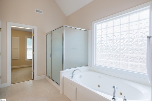 805 Carriage Hill Rd, Simpsonville, SC 29681 - full bath featuring a whirlpool tub, tile patterned flooring, a stall shower, and lofted ceiling