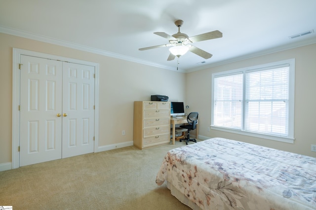 805 Carriage Hill Rd, Simpsonville, SC 29681 - carpeted bedroom featuring crown molding, a closet, an office area, and ceiling fan