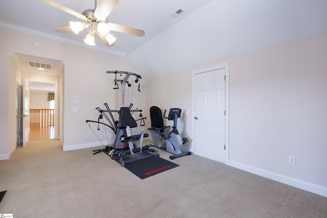 805 Carriage Hill Rd, Simpsonville, SC 29681 - workout room featuring carpet, ceiling fan, and ornamental molding