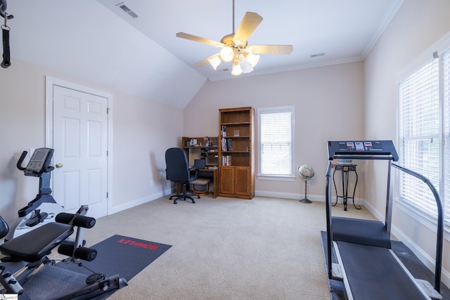 805 Carriage Hill Rd, Simpsonville, SC 29681 - workout area featuring plenty of natural light, carpet, crown molding, and ceiling fan