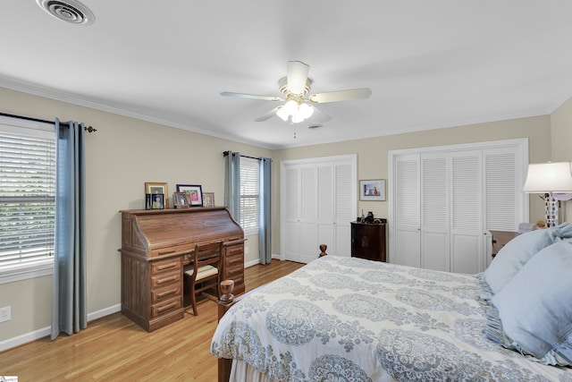 1 Redcliffe Rd, Greenville, SC 29615 - bedroom with light wood-style floors, multiple closets, ornamental molding, and ceiling fan