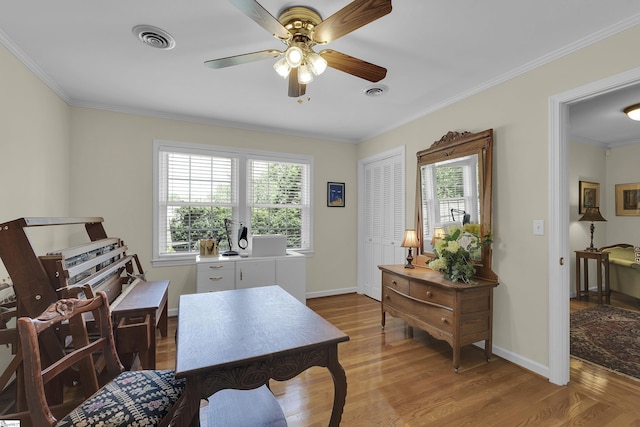 1 Redcliffe Rd, Greenville, SC 29615 - home office with crown molding, ceiling fan, and wood finished floors