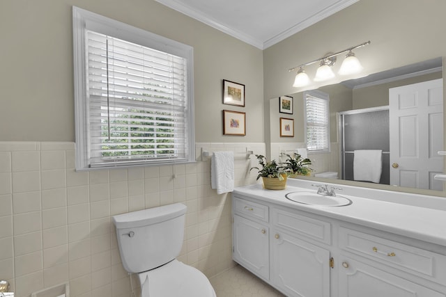 1 Redcliffe Rd, Greenville, SC 29615 - full bath with vanity, tile walls, a stall shower, a wainscoted wall, and ornamental molding