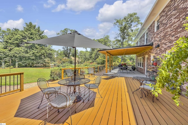 1 Redcliffe Rd, Greenville, SC 29615 - deck featuring outdoor dining space, a lawn, and view of wooded area