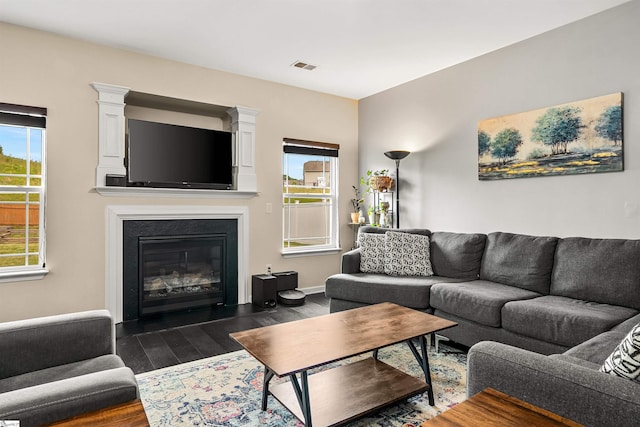 144 Caledonia Dr, Easley, SC 29642 - living area featuring dark wood finished floors and a glass covered fireplace