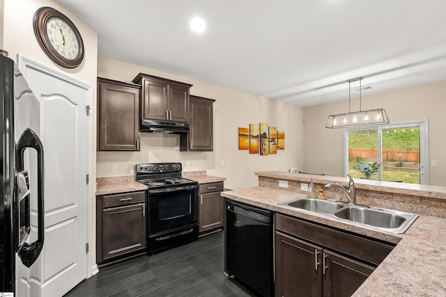 144 Caledonia Dr, Easley, SC 29642 - kitchen featuring black appliances, dark wood-style floors, dark brown cabinets, light countertops, and under cabinet range hood