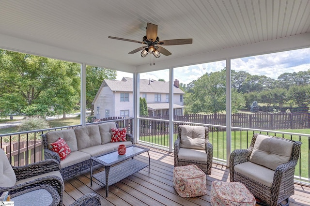 3 Promontory Ct, Greenville, SC 29615 - deck featuring an outdoor living space, ceiling fan, and view of scattered trees