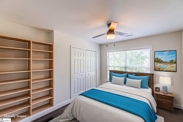 607 Greening Dr, Simpsonville, SC 29681 - bedroom featuring dark wood-type flooring, a closet, and ceiling fan