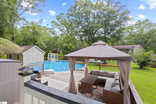 105 Fox Chase Ct, Simpsonville, SC 29680 - outdoor pool with an outdoor living space, a gazebo, a shed, a yard, and view of wooded area